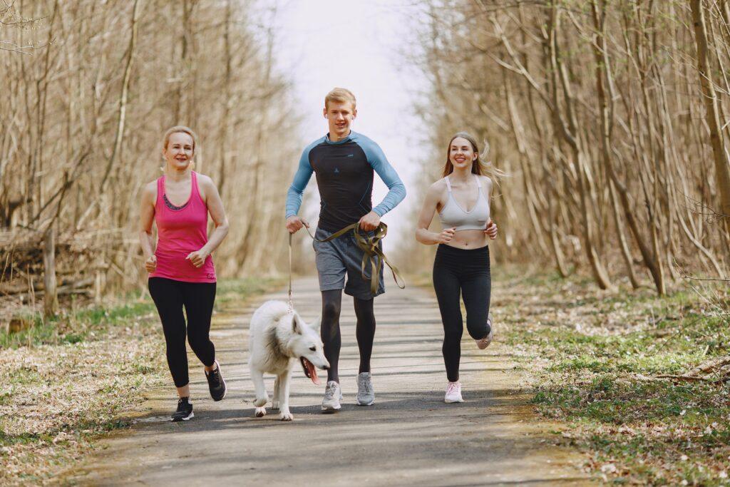 exercise walking tips, 3 people walking with a dog