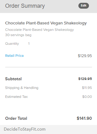 picture of the shopping cart for a 1 time order of Shakeology