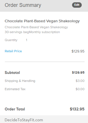 picture of the check out of Shakeology on autoship