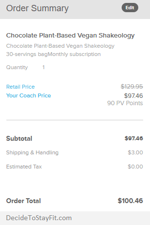 shopping cart of Shakeology as a preferred customer