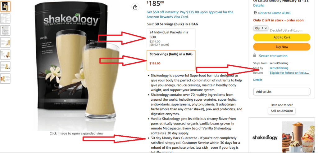 picture of the shakeology listing on amazon with a reseller